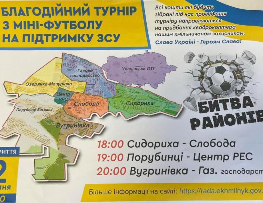 У Хмільнику відбудеться благодійний турнір із міні футболу «Битва районів»