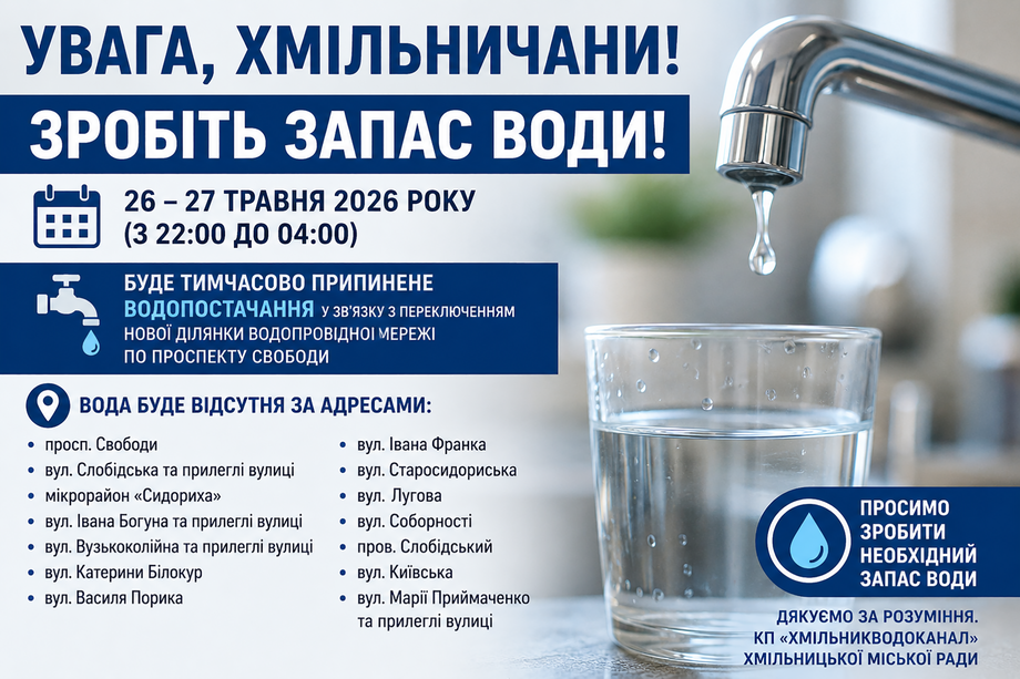 Частина Хмільника залишиться без води: мешканців закликають зробити запаси